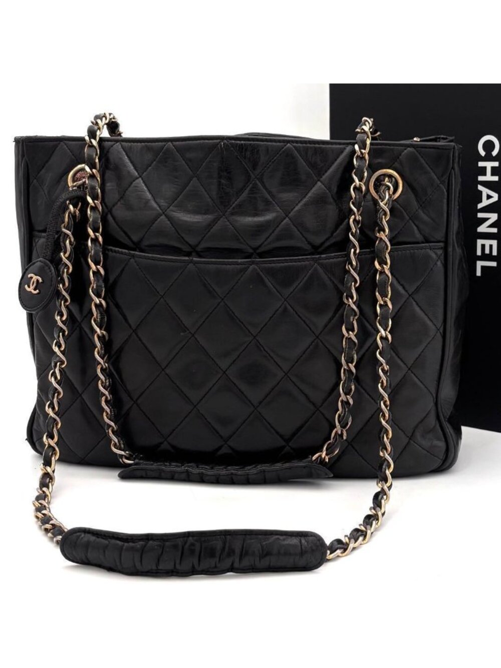 Chanel Quilted Tote Bag Chain Lambskin Black